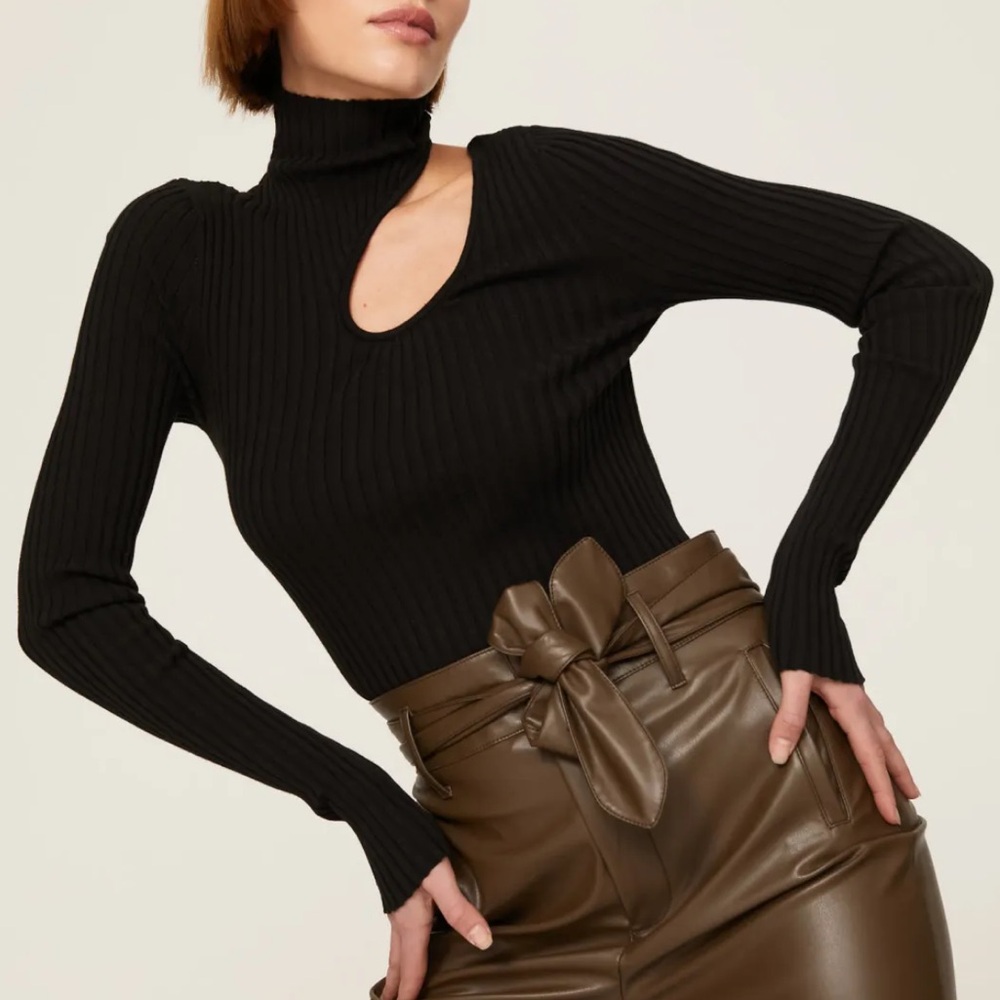 Anine Bing XS Victoria Turtleneck Top Coutout Ribbed Black Cotton Long-sleeve